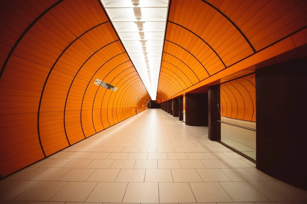 Orange hallway with tiled floors