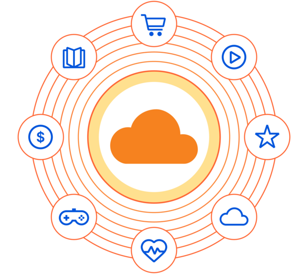 Illustration of a cloud surrounded by internet related icons