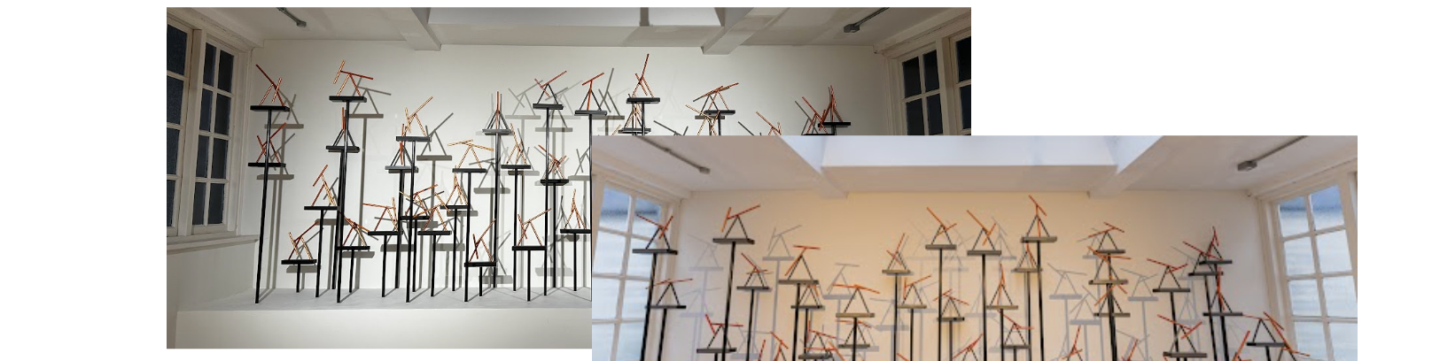 Double pendulum display in Cloudflare’s London office with changing light conditions.