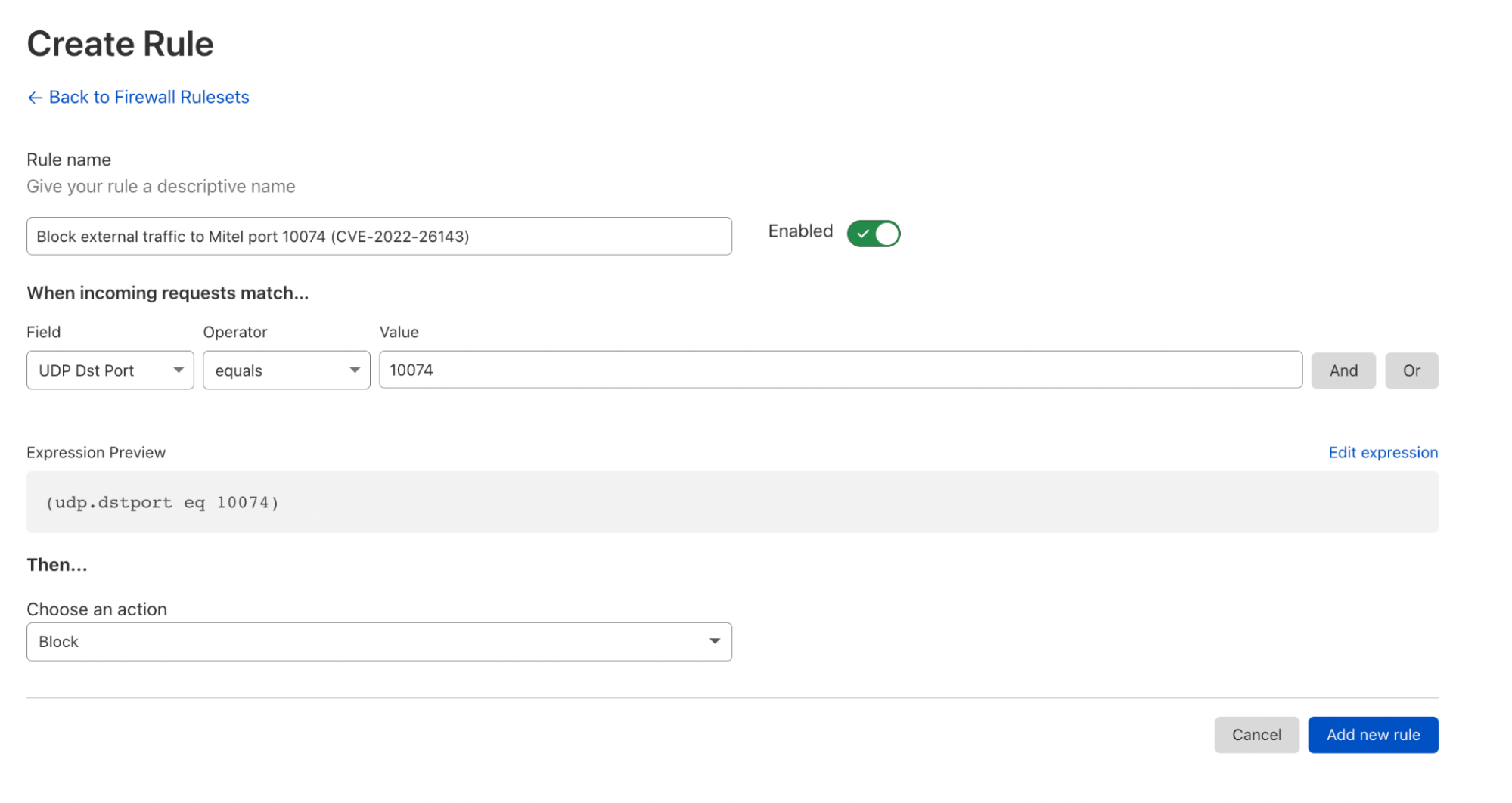 Creating a Magic Firewall rule to block traffic to port 10074