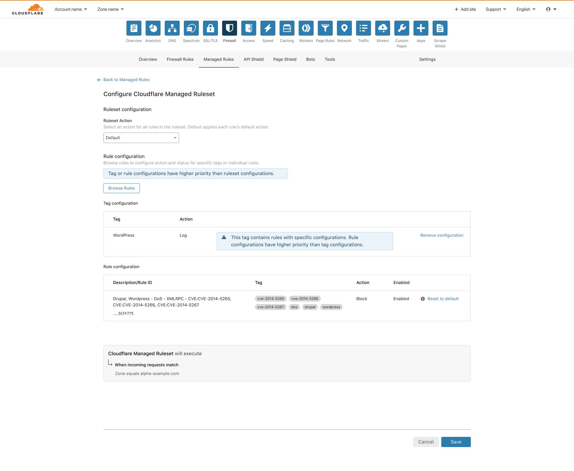 Ruleset deployment review screen. From here you can review any custom configuration overrides from defaults.