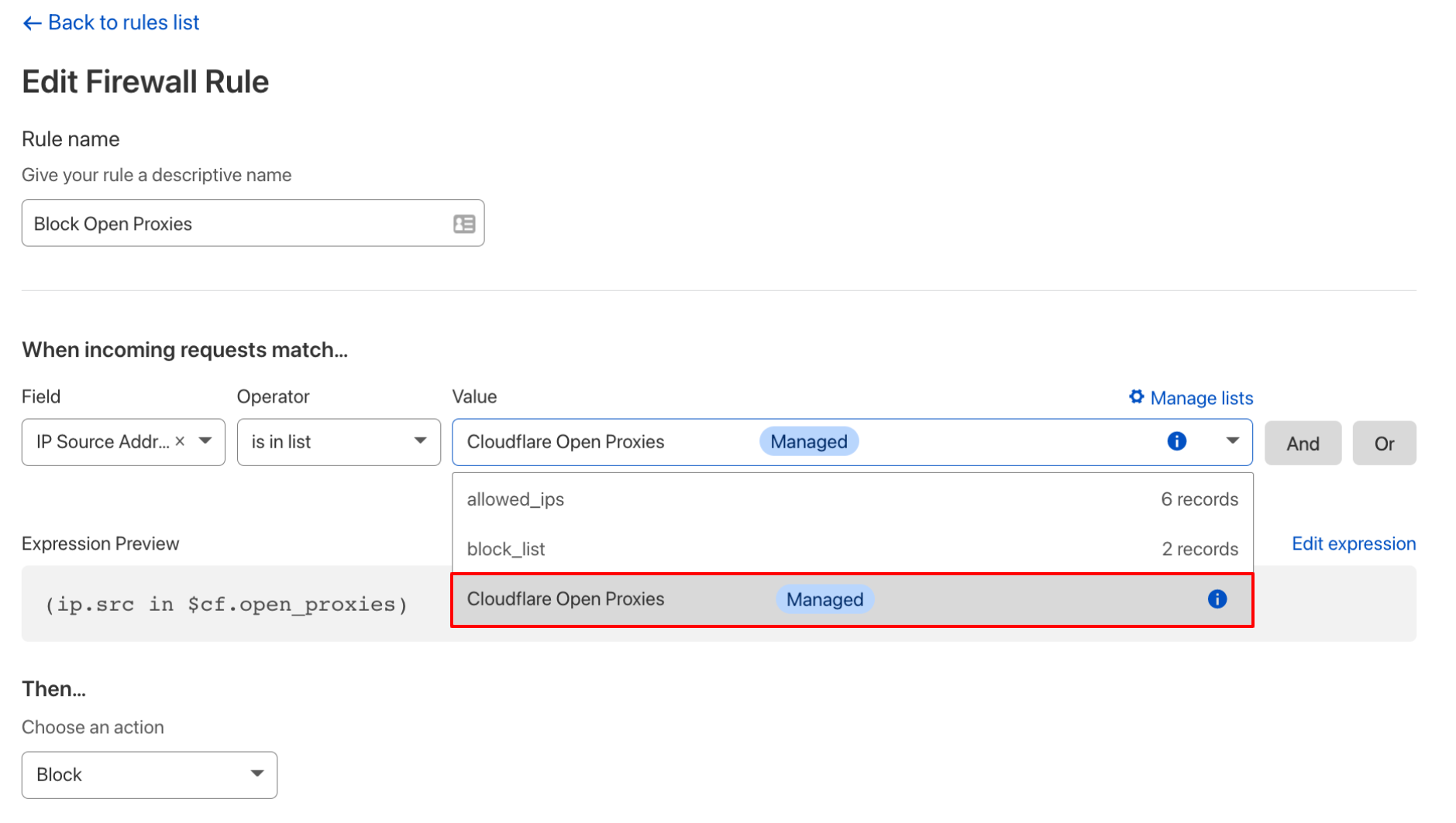 Cloudflare Open Proxies managed list can be used directly in the Firewall rule builder.