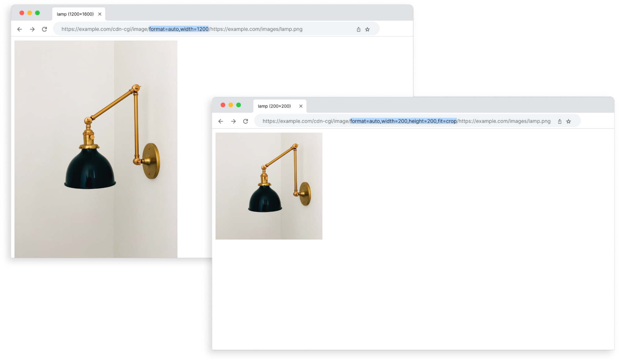 Two website pages that show how the same image of a lamp can be transformed in different ways by adding parameters to the URL.