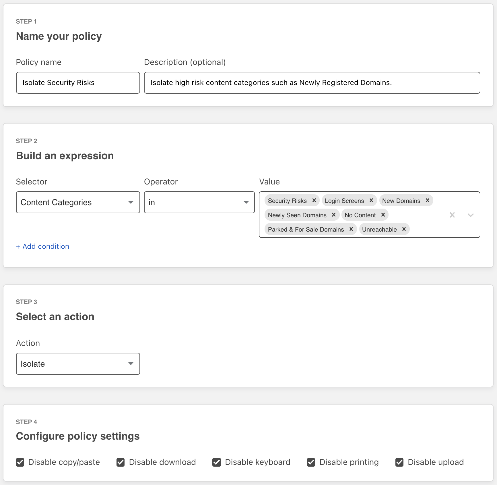 HTTP Policy rule builder with download, upload and keyboard settings disabled.