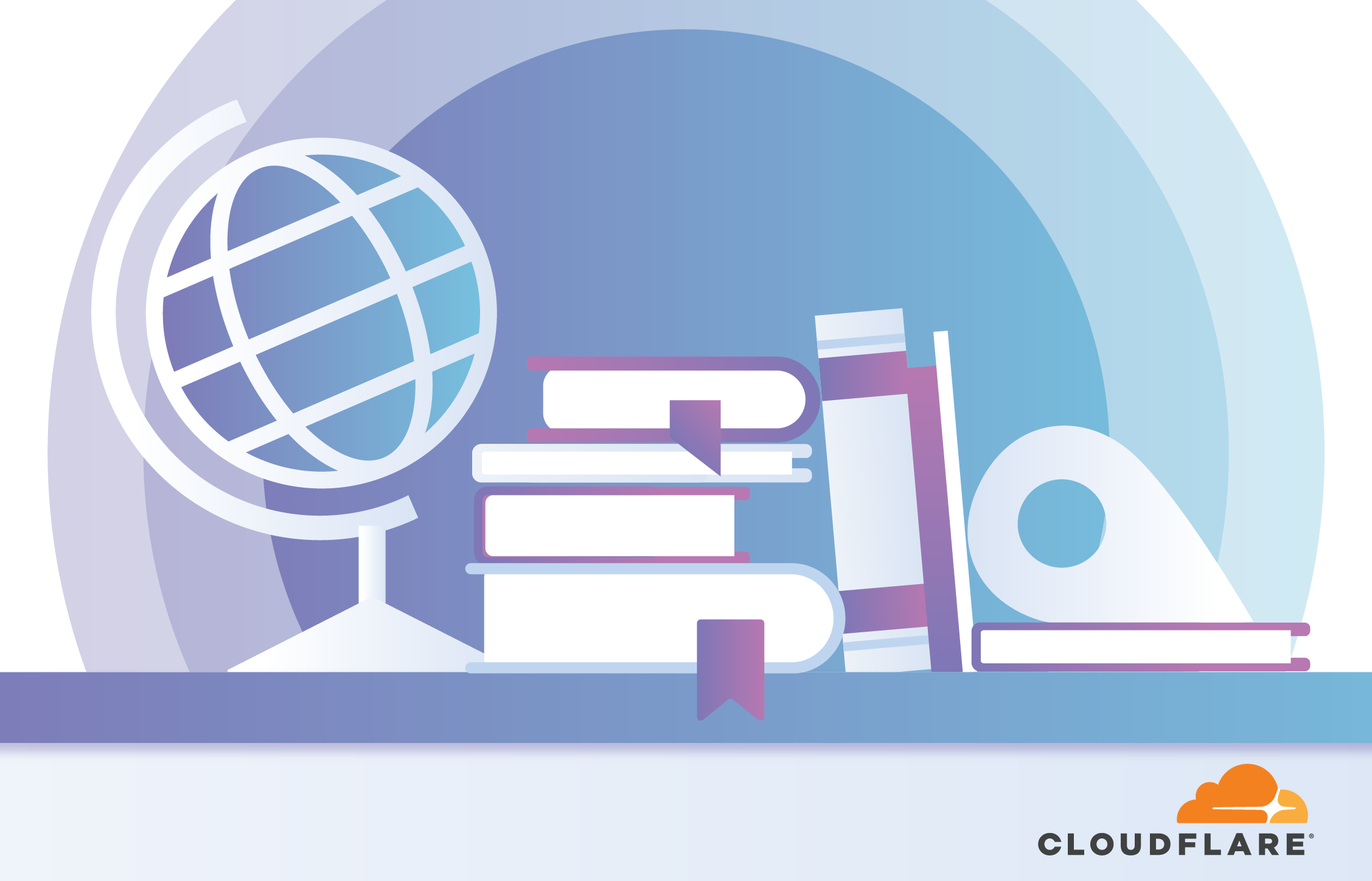 Graphic depicting a desk with a globe and a stack of books on top of it in shades of blue and purple.