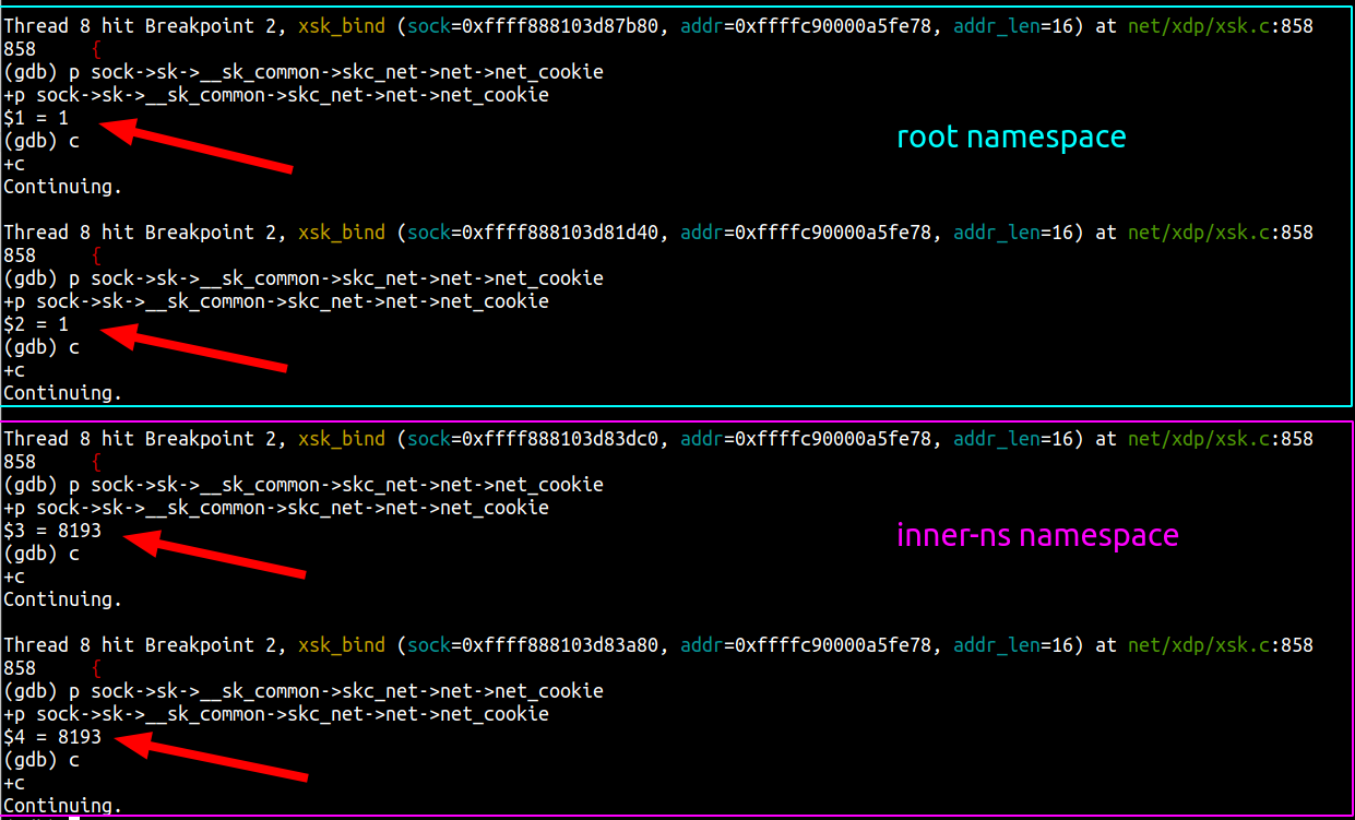 gdb system view of the xsk_bind breakpoint hits