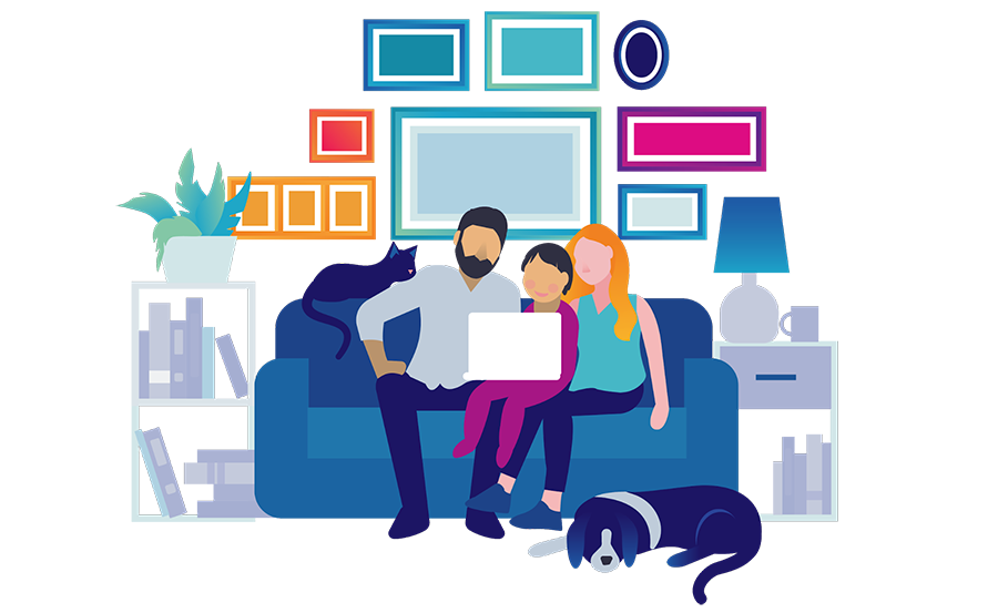 Illustration of family of three sitting on a couch looking at a computer.