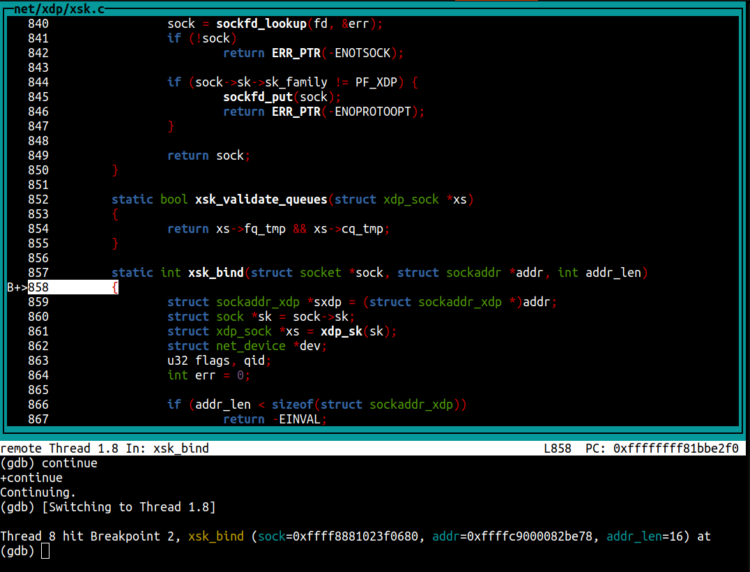 gdb with breakpoint hit at xsk_bind