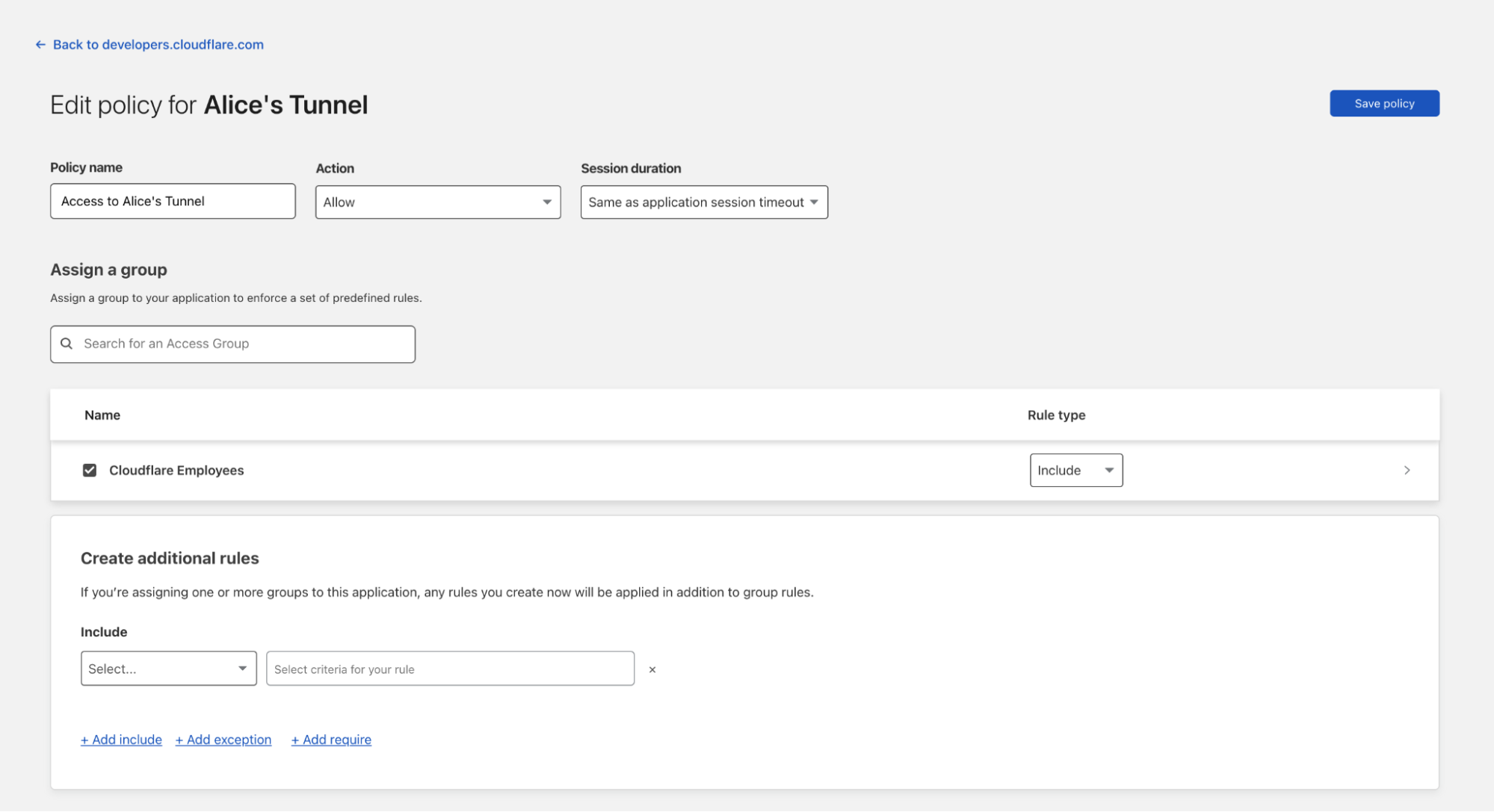 The policy as shown in the Access rule builder on the Teams Dashboard.