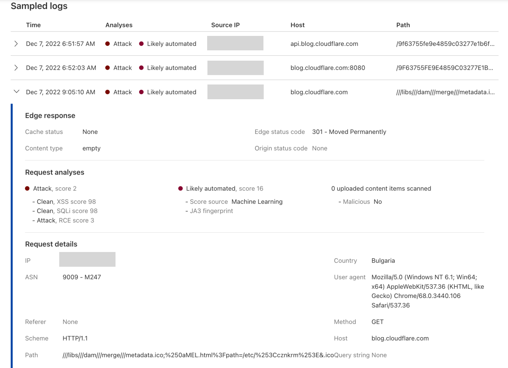 Expanded log of an attack from the new analytics view