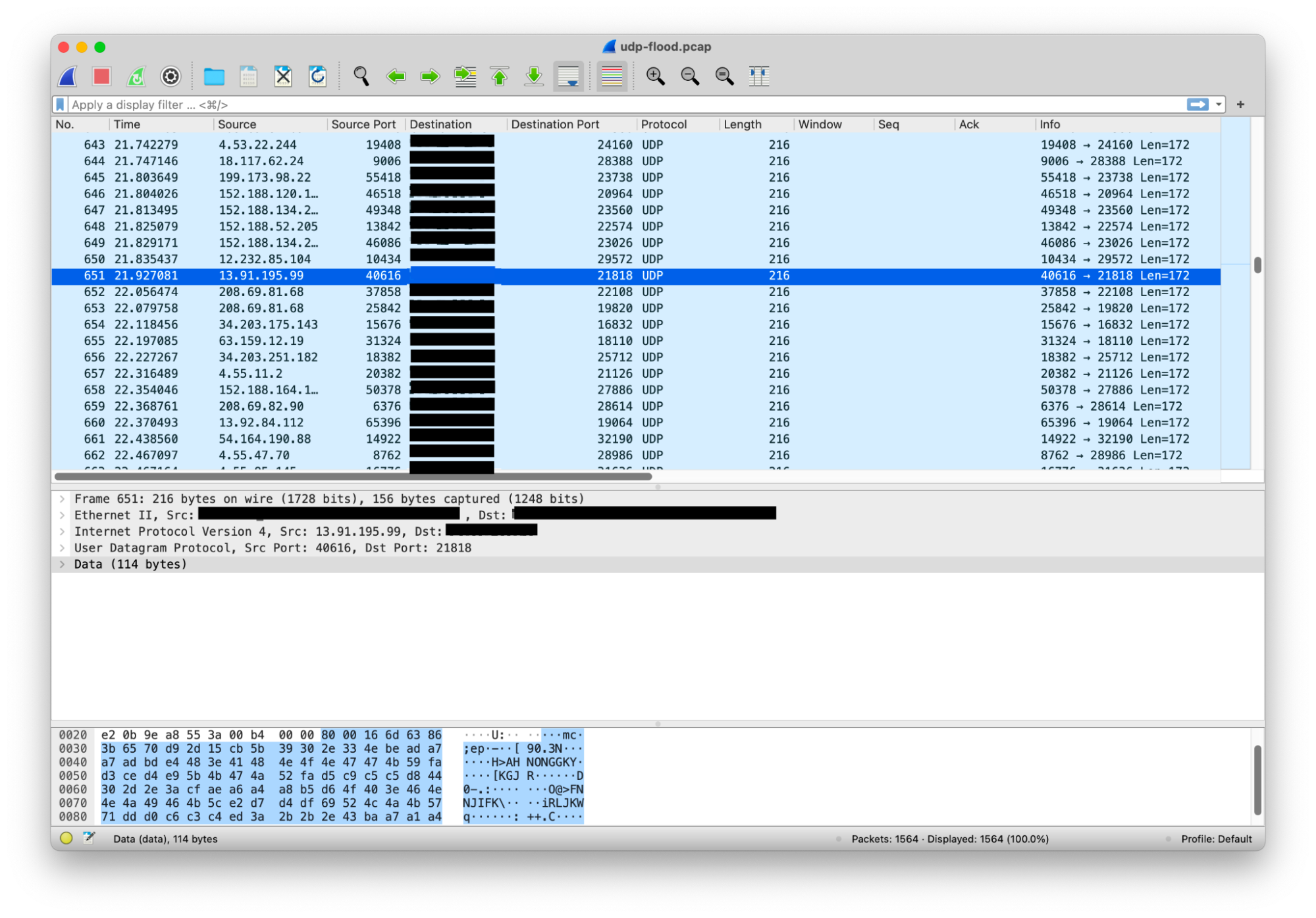 Example of a packet capture from a recent DDoS attack targeted at Cloudflare infrastructure. The contents of this pcap can be used to create a “signature” to block the attack.