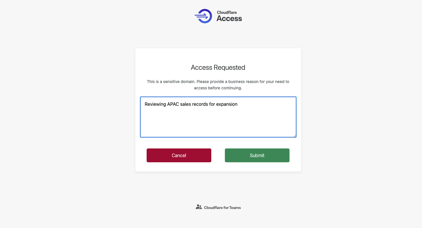 The purpose justification prompt appears upon login, asking users to specify their use case before hitting submit and proceeding.