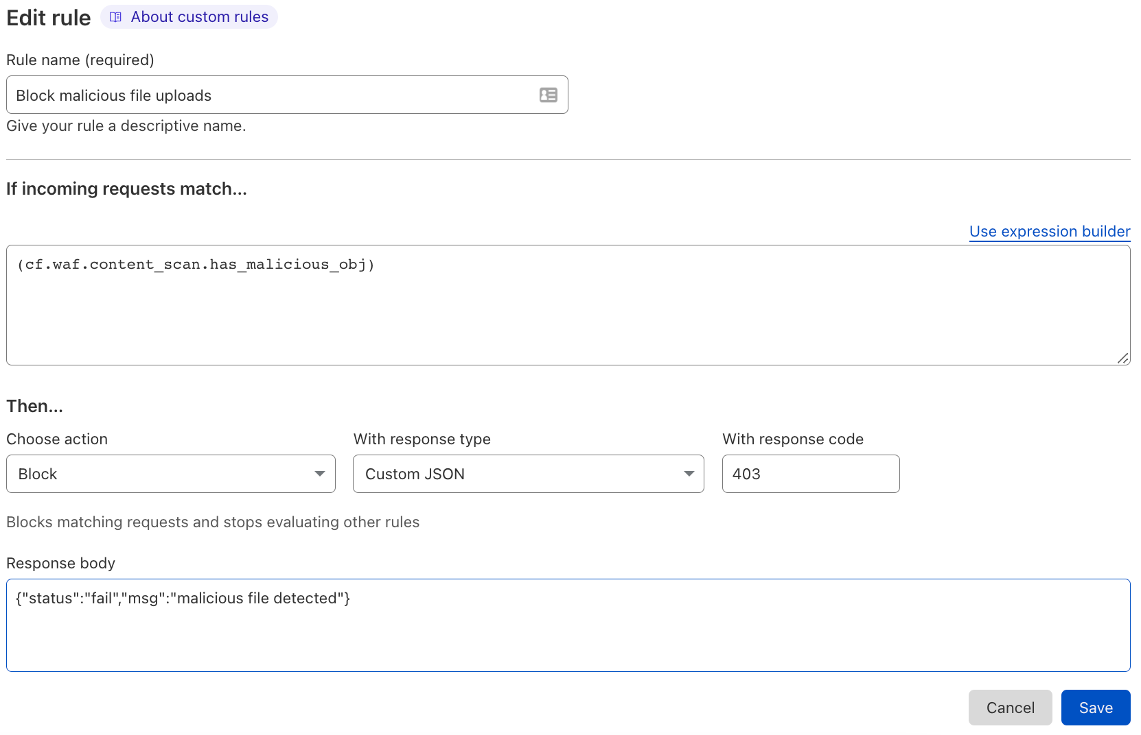 a WAF Custom Rule to block malicious file uploads on JSON endpoints