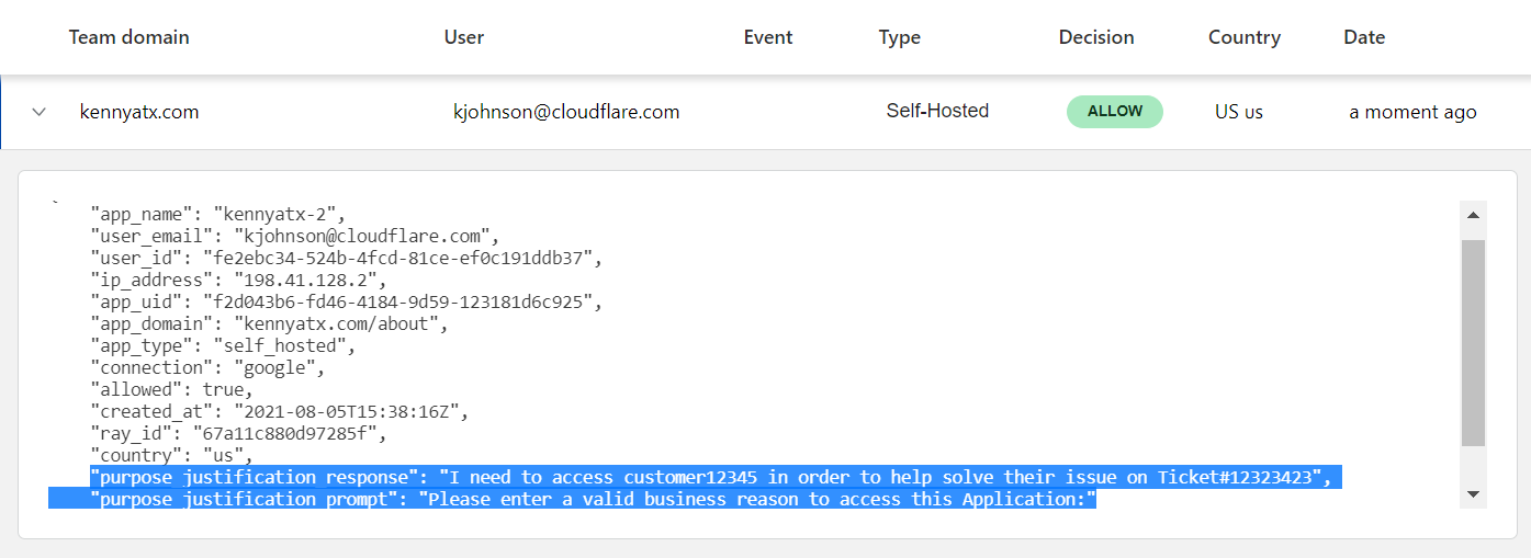 Teams administrators can review the purpose justifications submitted upon application login by their employees.