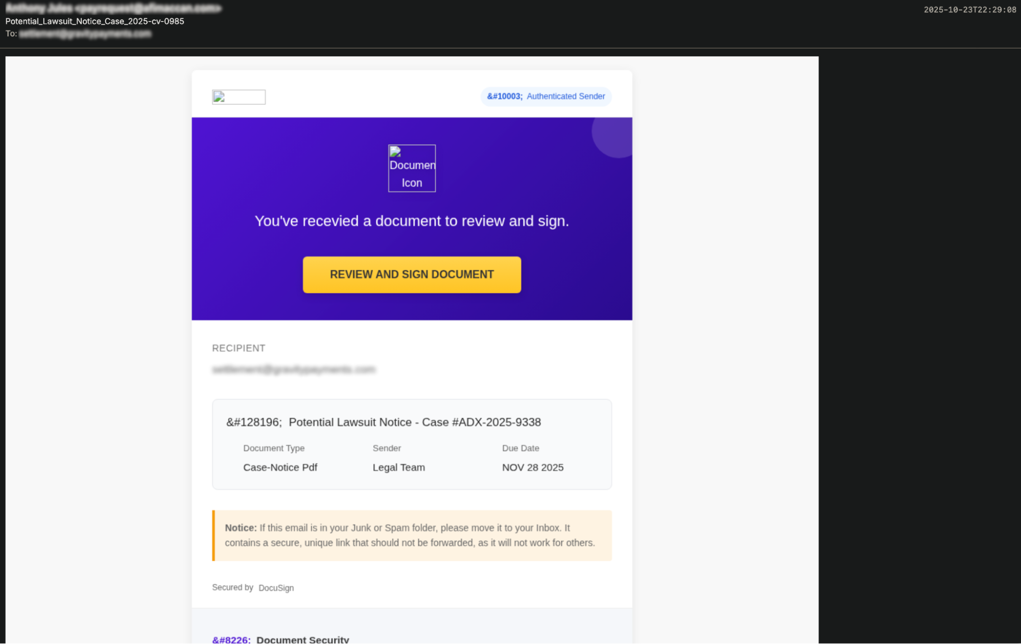 Güvenli bir belge imzalama portalının kimliğine bürünen bir kimlik avı e-postası (Kaynak: Cloudforce bir kez).