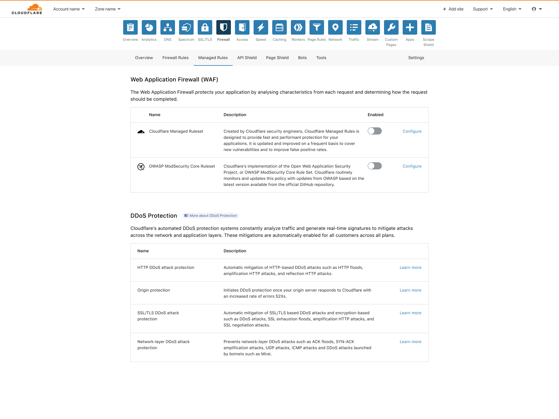 The new WAF UI. One click to turn on the Cloudflare Managed Ruleset and the Cloudflare OWASP ModSecurity Core Ruleset.