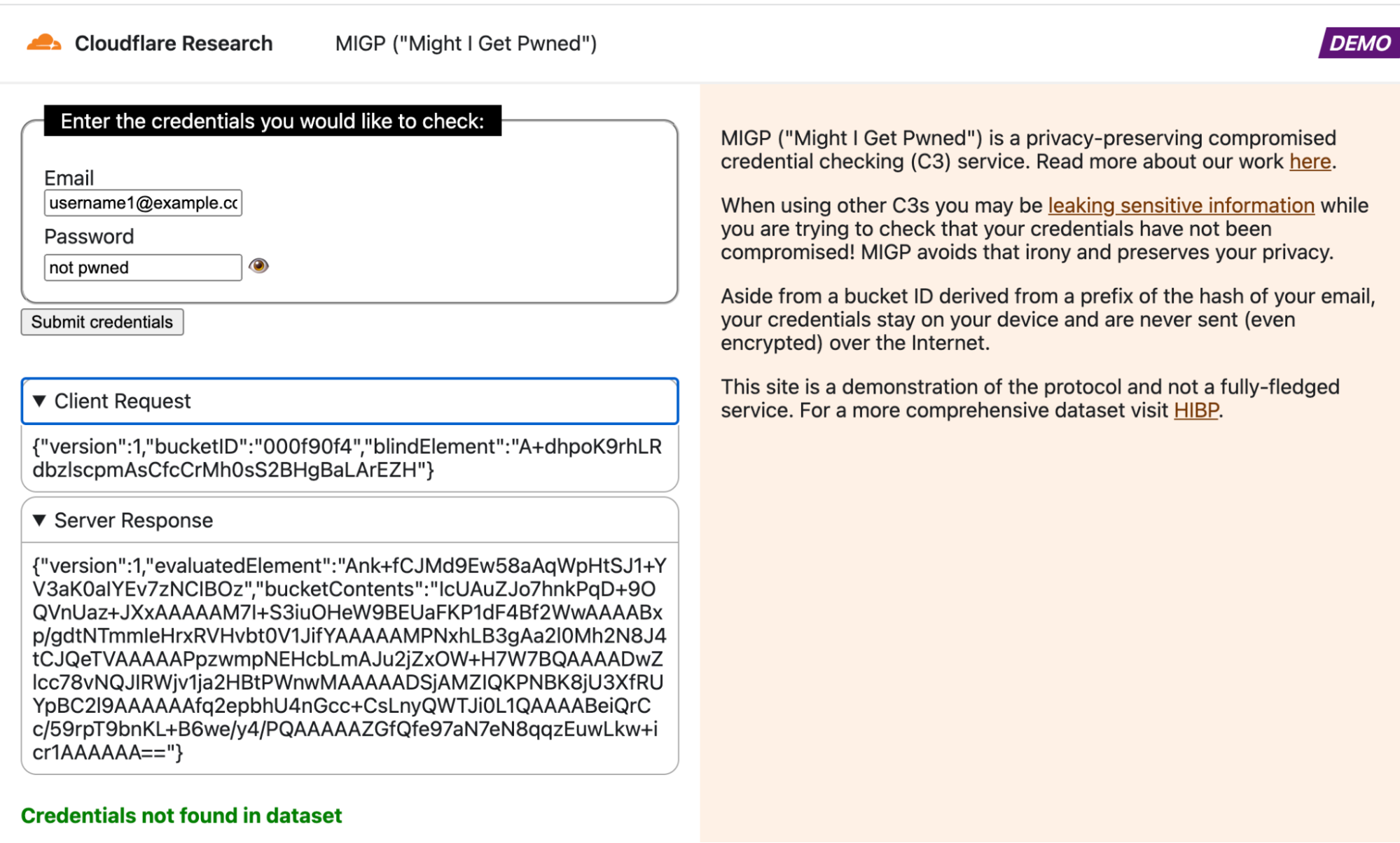 Example query in which the credentials are not found in the dataset