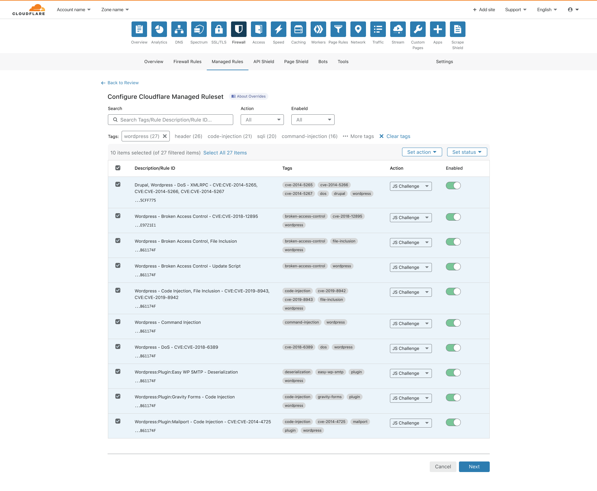 The new WAF ruleset browser. Bulk options, tags and filtering components in one place.