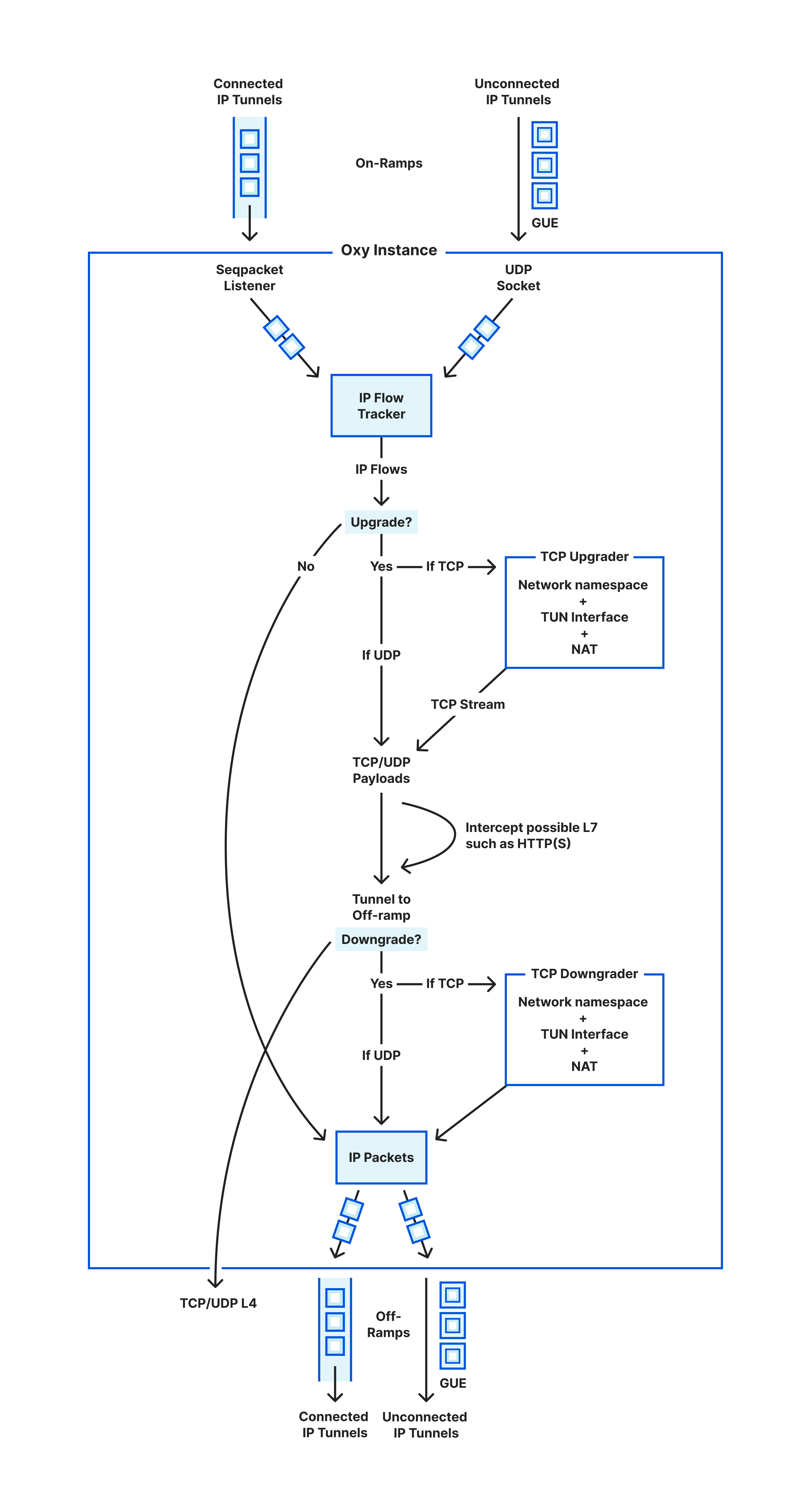 This diagram illustrates the different ways IP packets can enter and exit an Oxy instance. It shows the possible ways they can be processed inside Oxy, by being upgraded to higher OSI layers, or remaining treated as raw IP packets.