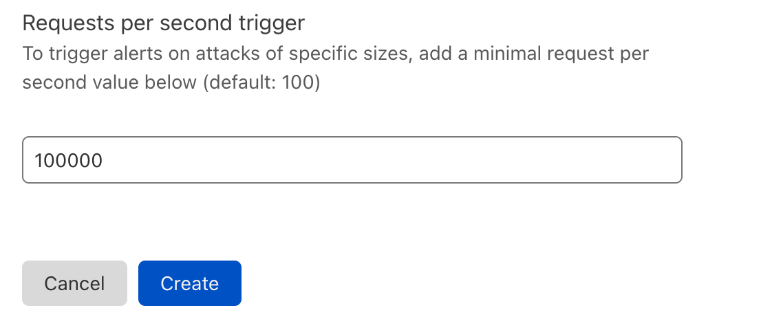 Screenshot of the Advanced HTTP DDoS Attack Alert creation screen: defining request rate