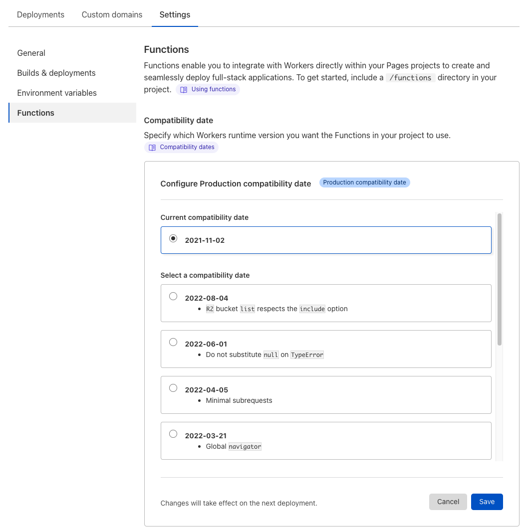 A screenshot of the Pages project settings page in the Cloudflare dashboard, showing the new compatibility date controls. The currently selected date is shown, alongside the list of other available dates.