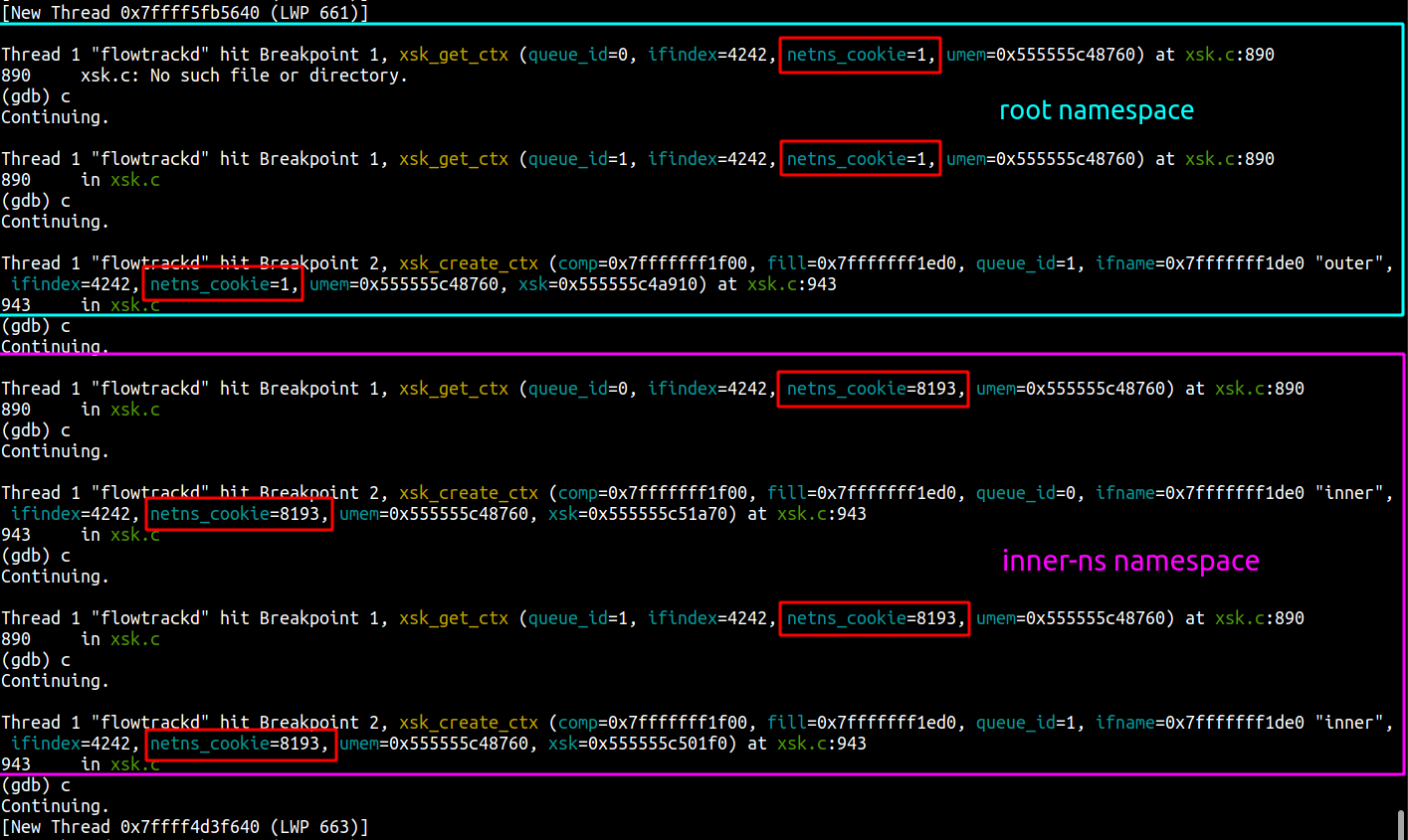 gdb guest view of the xsk context breakpoint hits