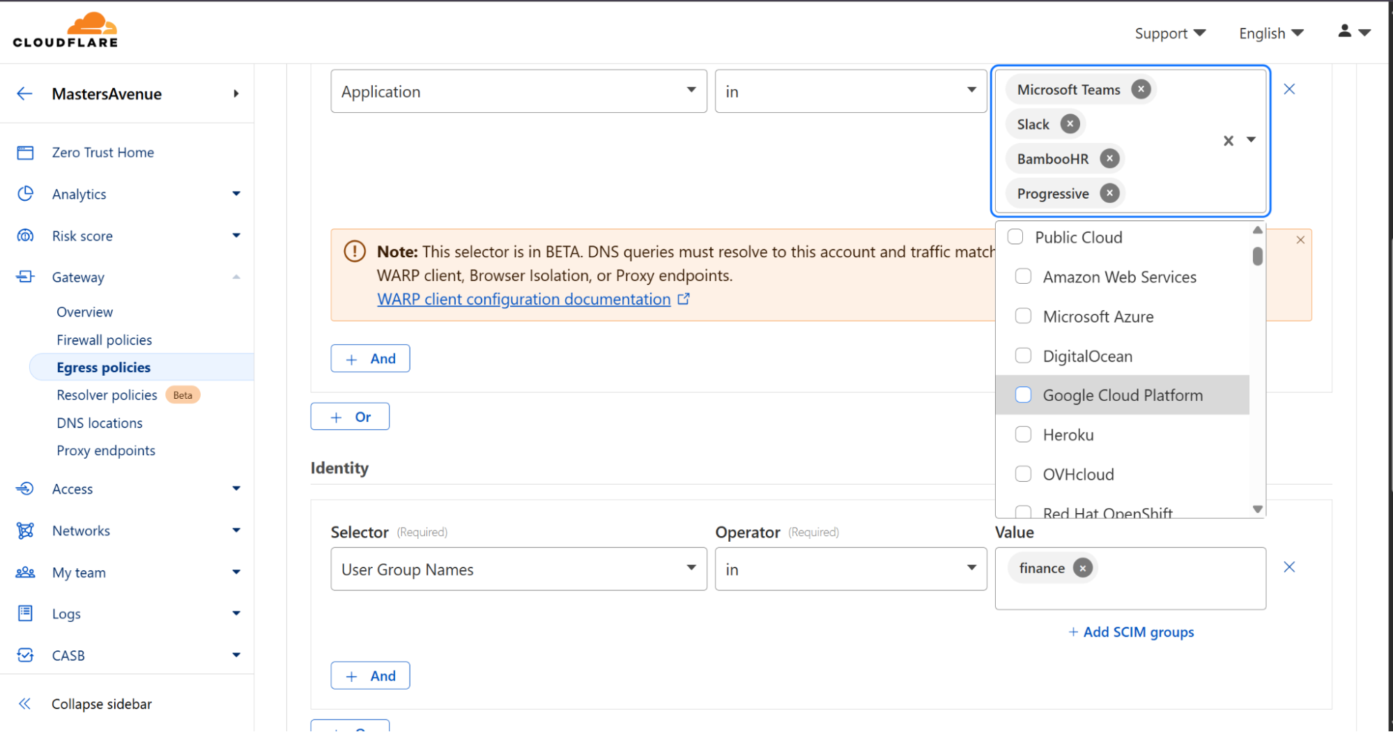 A view of the Cloudflare dashboard showing how to write an egress policy for a set of users and Applications. The policy is applied to users in the “finance” user group when accessing Applications including Microsoft Team, Slack, BambooHR and Progressive, and it determines the source IP that traffic uses when it egresses to the public Internet.