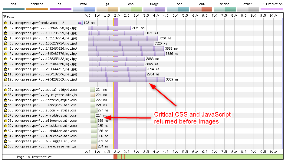 Network waterfall showing critical CSS and JavaScript loading quickly.