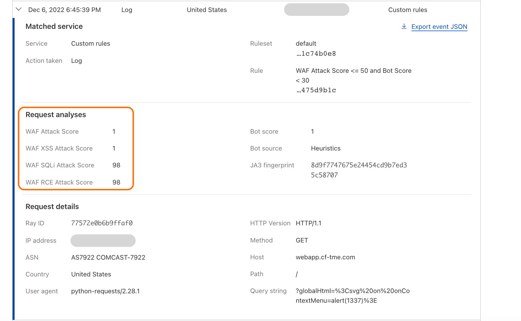 Expanded log in the security events tab highlighting WAF attack scores