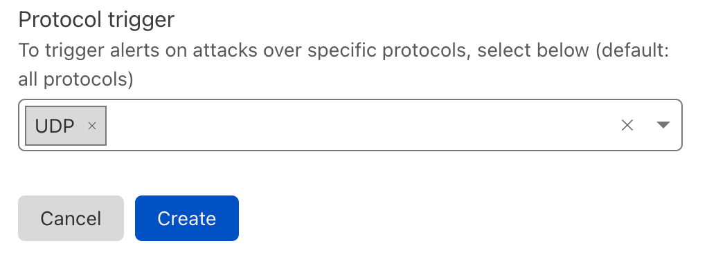 Screenshot of the Advanced L3/4 DDoS Attack Alert creation screen: selecting the protocols