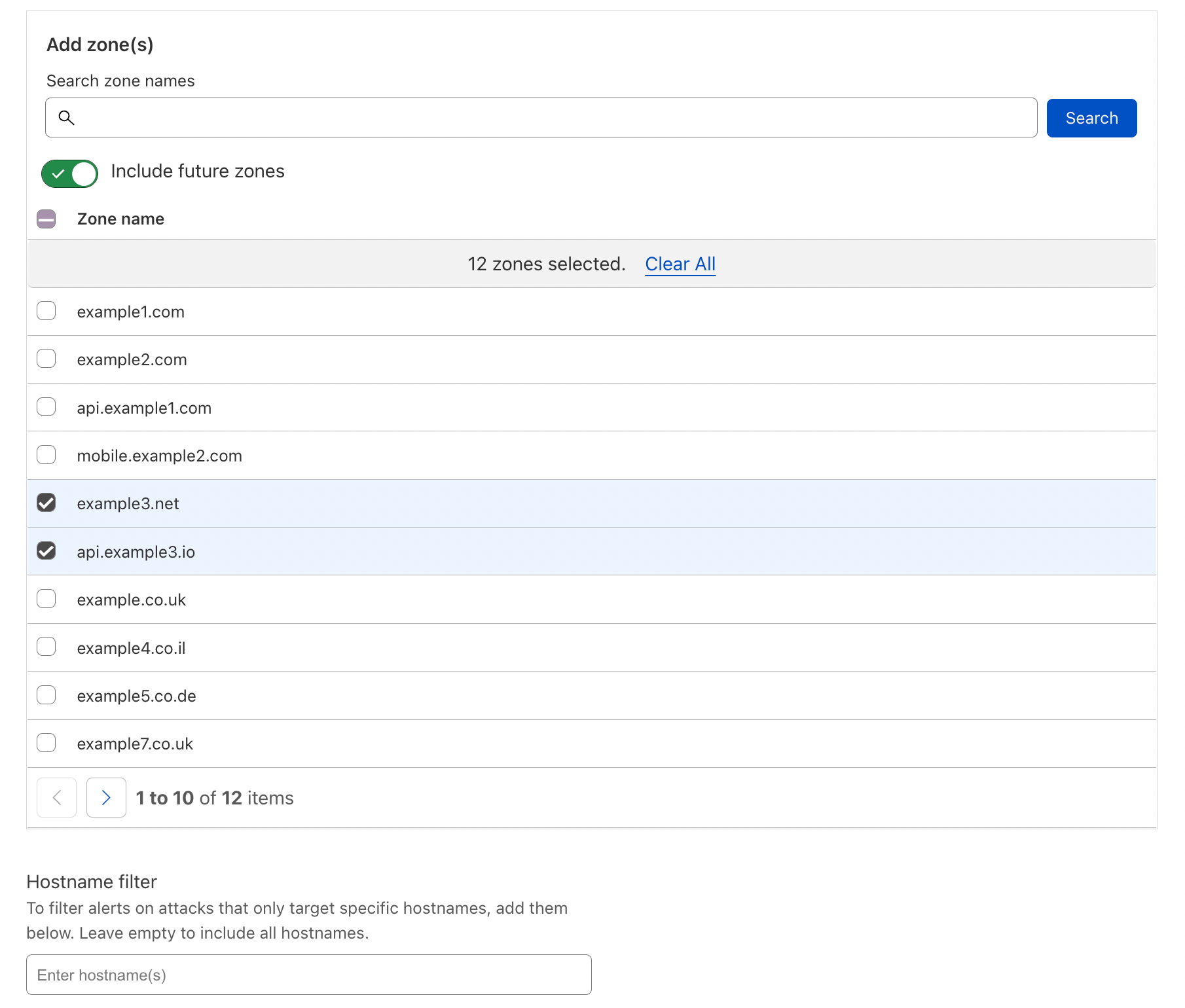 Screenshot of the Advanced HTTP DDoS Attack Alert creation screen: selecting zones and hostnames