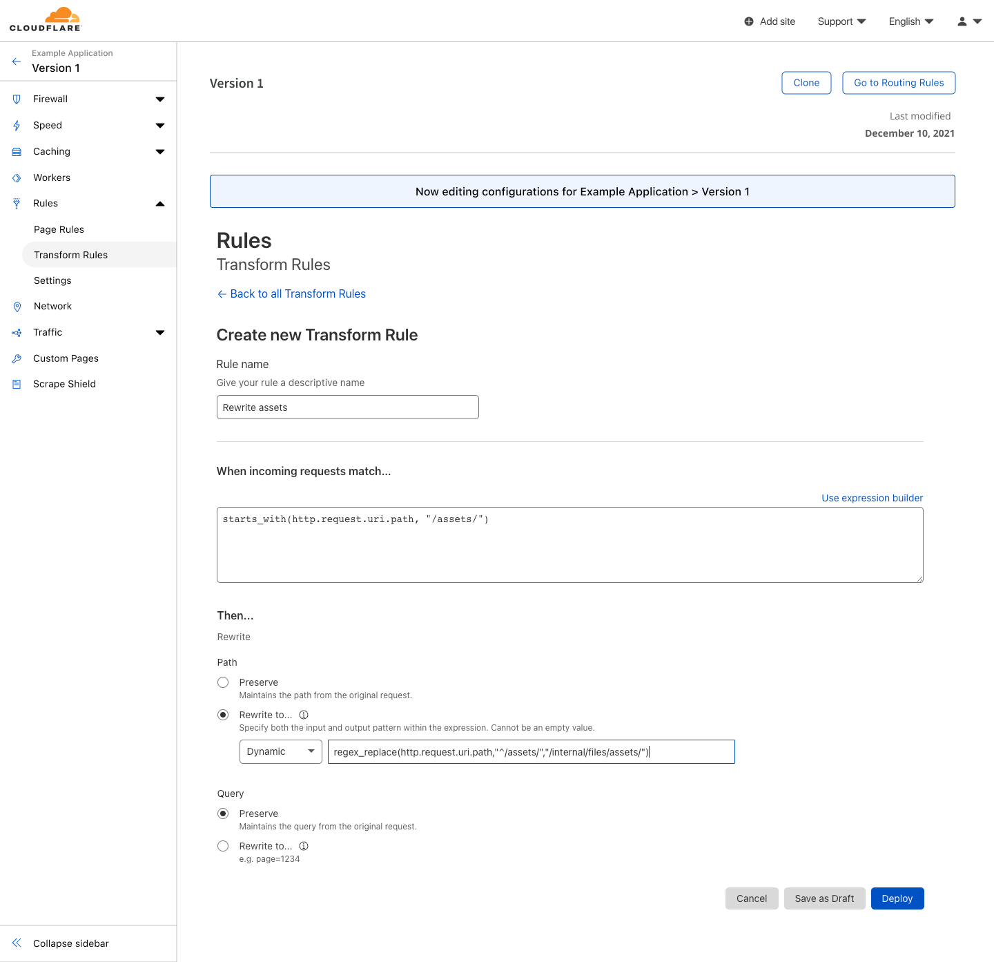 Creating a transform rule for Version 1 named “Rewrite Assets”. This rule replaces the path for requests starting with “/assets/” with “internal/files/assets/”.