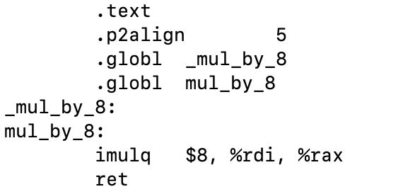 Code showing a multiplication function written in Jasmin and transformed to Assembly.