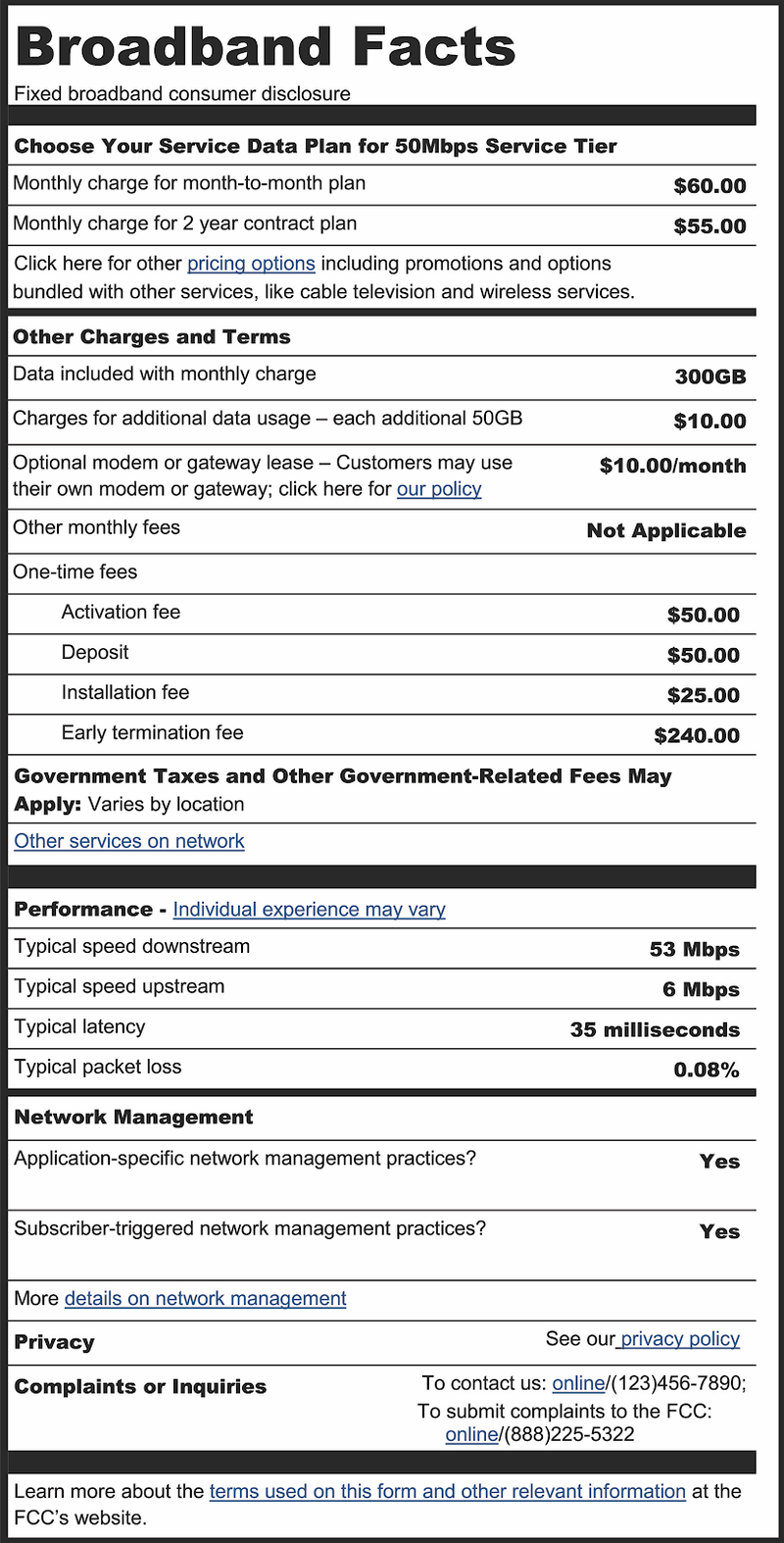 A sample Broadband Nutrition Facts from the original 2016 FCC proposal.