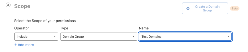 Member invite screen showing the scope of a user’s access being limited to a domain group named, “Test Domains”.