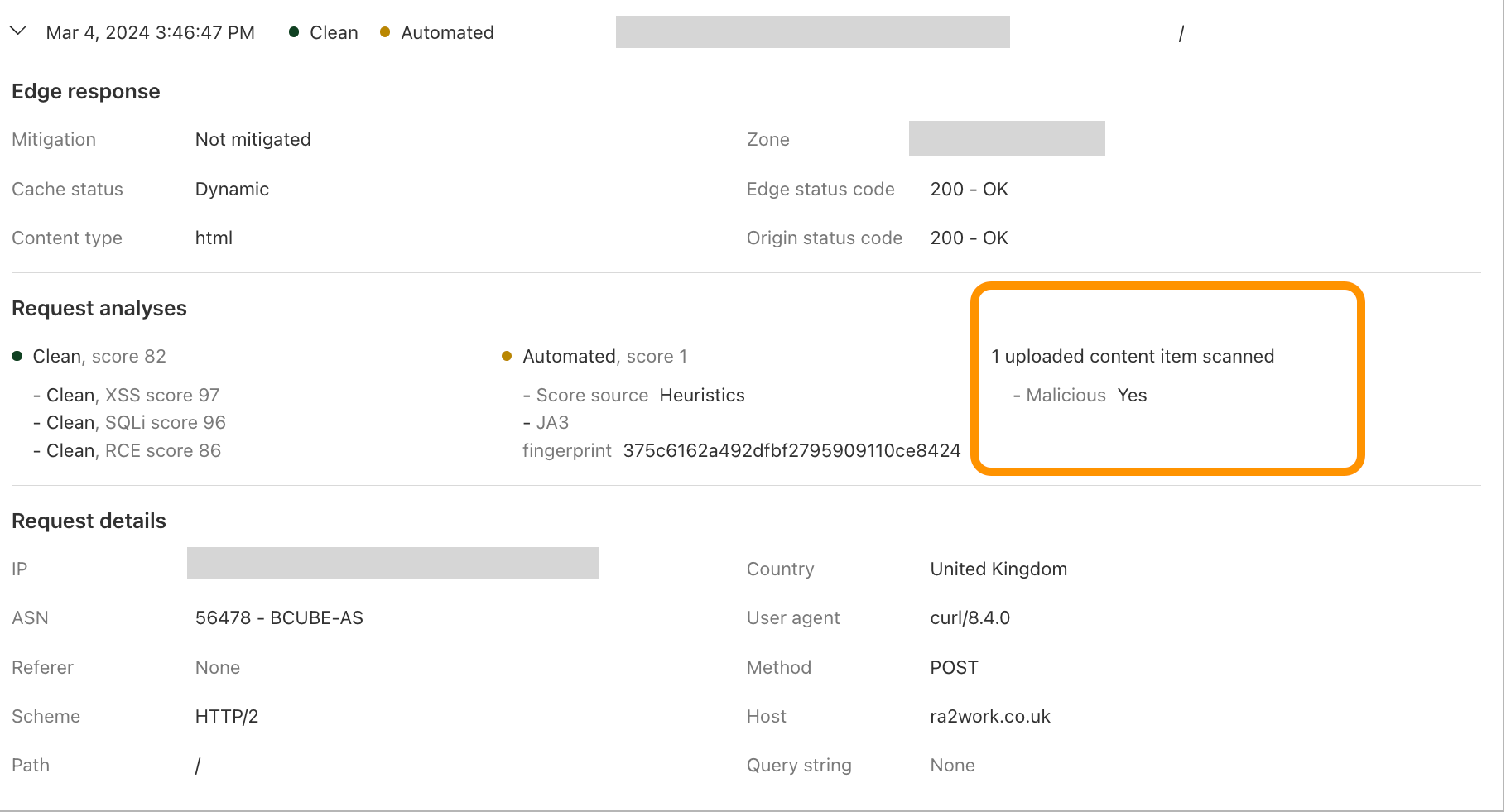 screenshot showing WAF content scanning results in security analytics as part of the samples logs