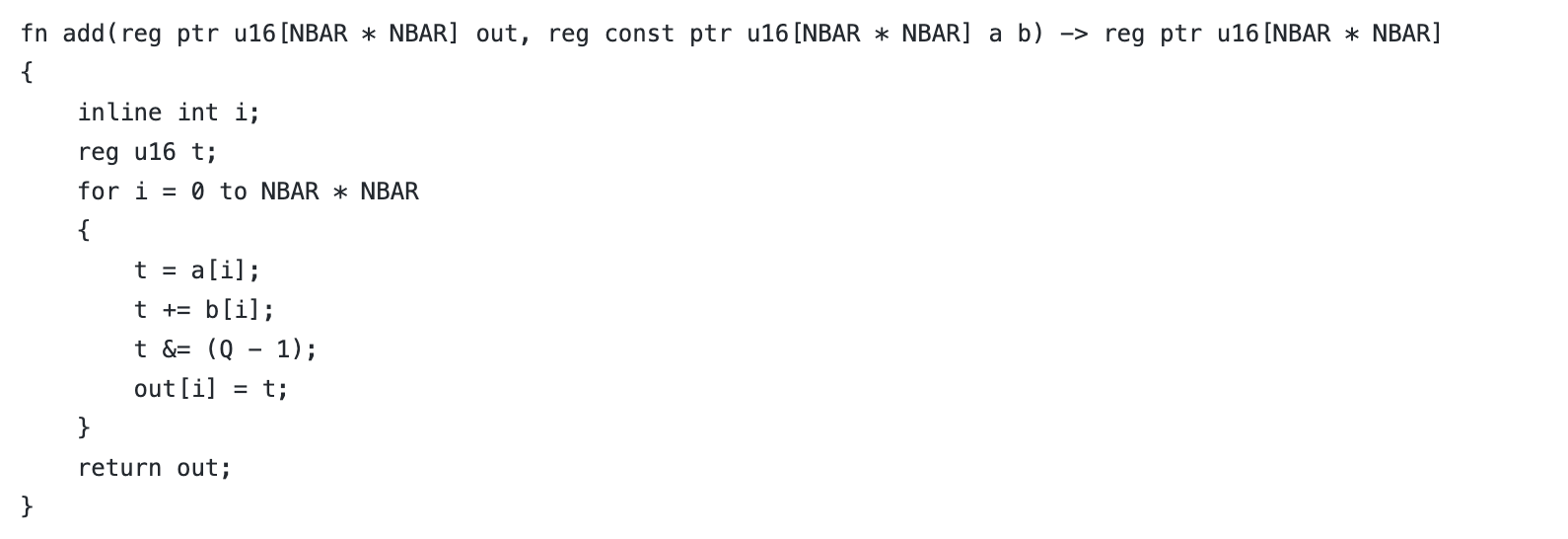 Code showing a utility function for addition for FrodoKEM.