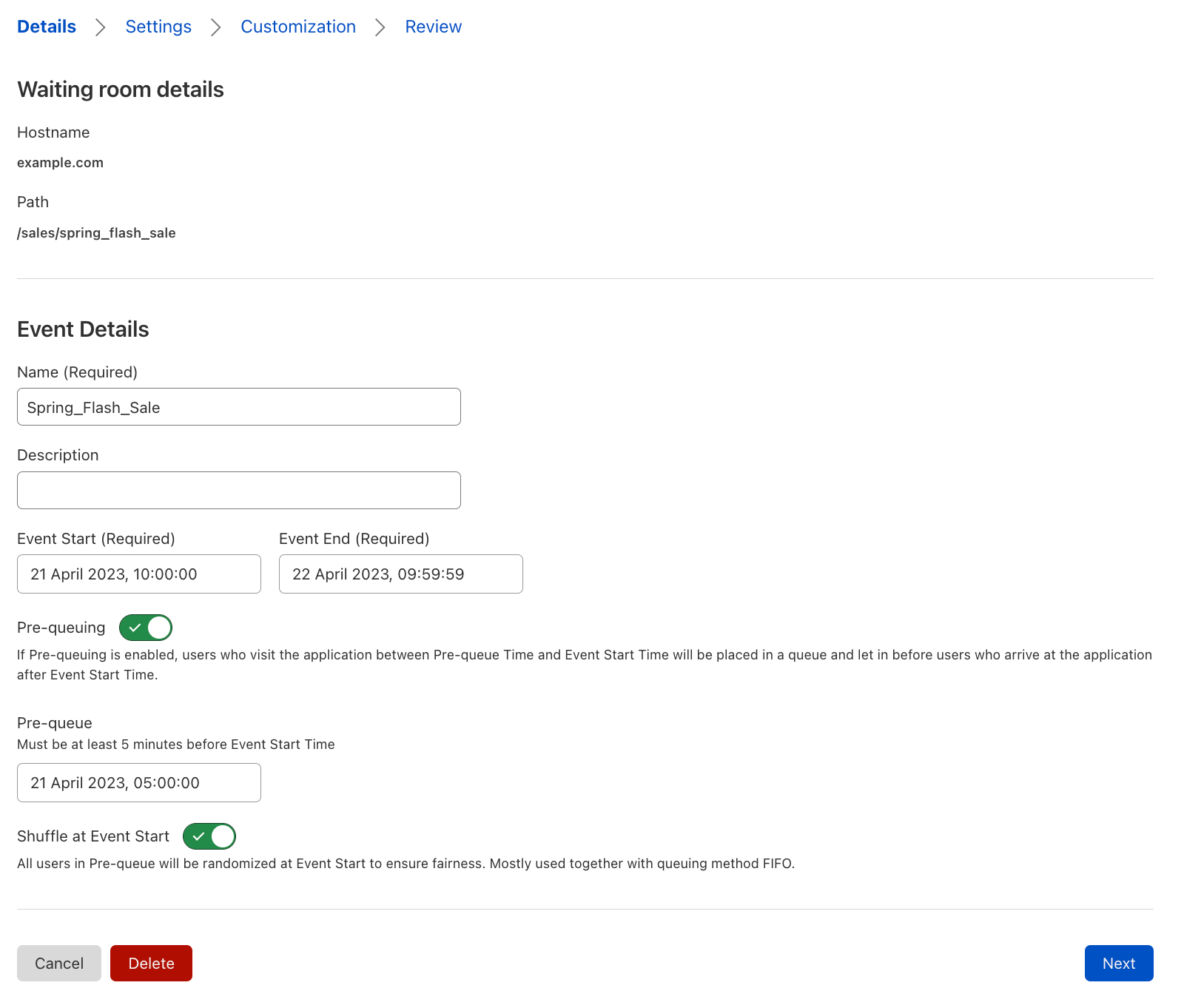 To start queuing early visitors and randomize their entry at event start time, enable the pre-queue and select Shuffle at Event start.