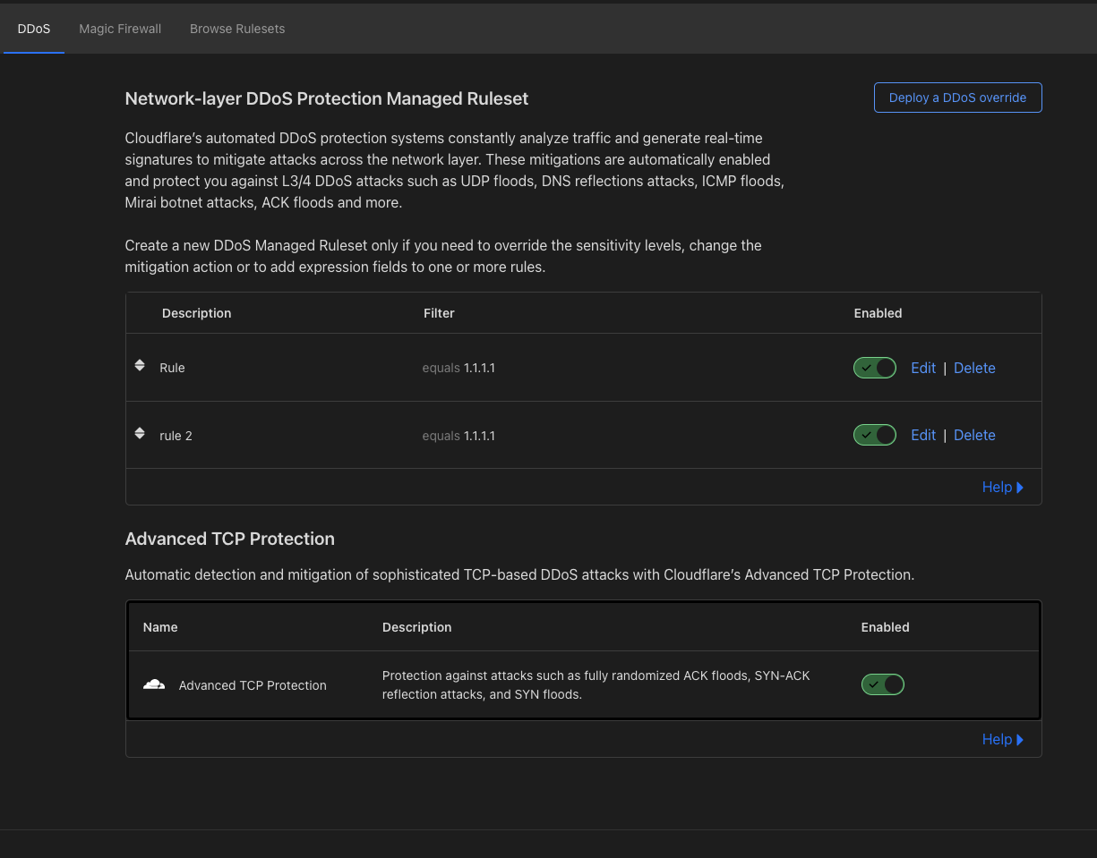 A screenshot of the DDoS Protection Managed Rulesets in the Cloudflare dashboard