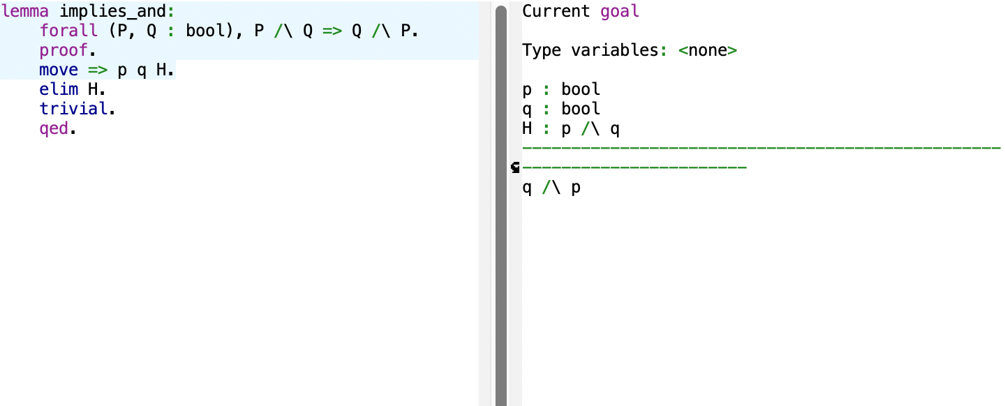 EasyCrypt interactively showing us at which point of the proof we are at.