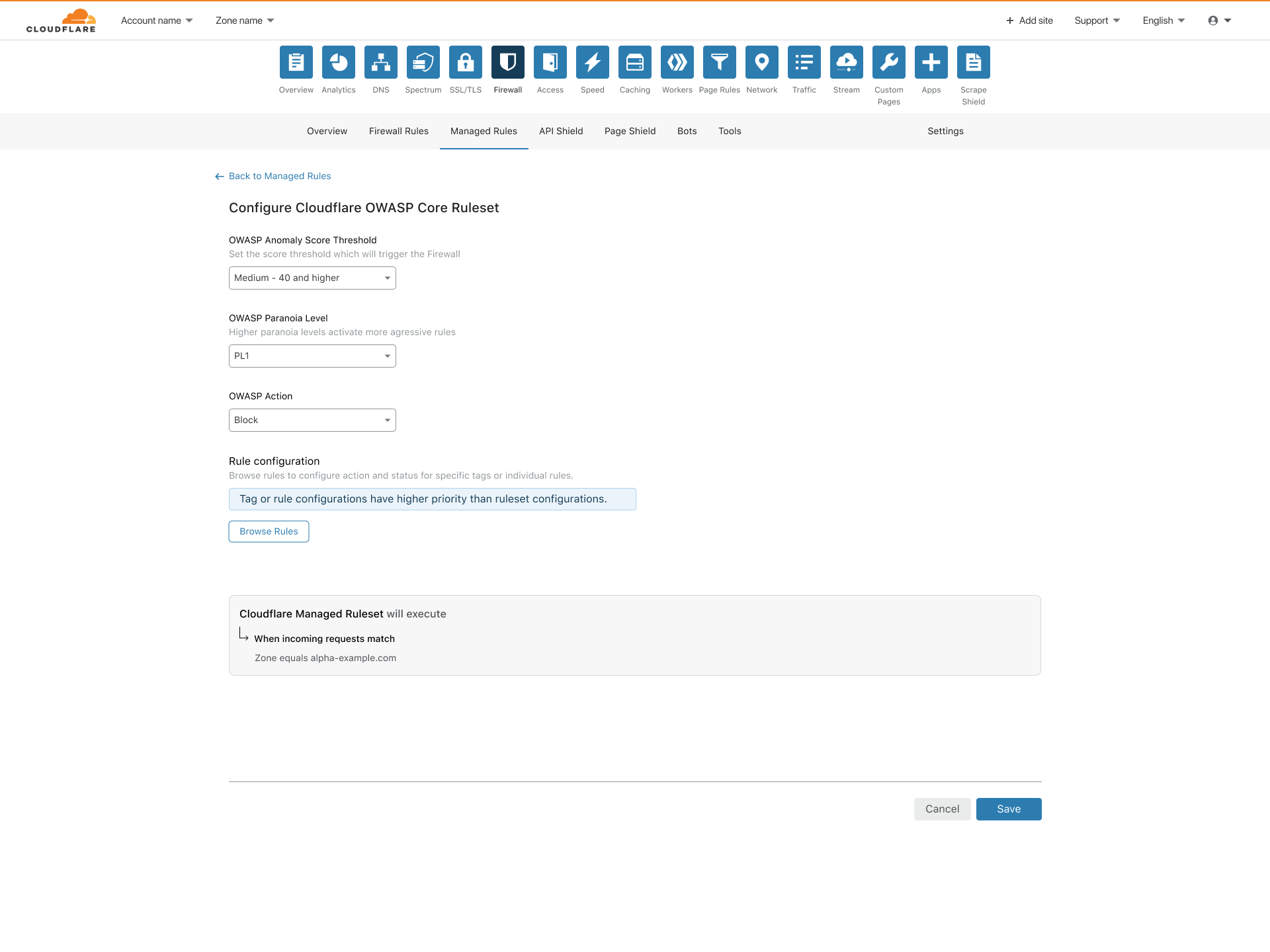 The Cloudflare OWASP Core Ruleset review screen