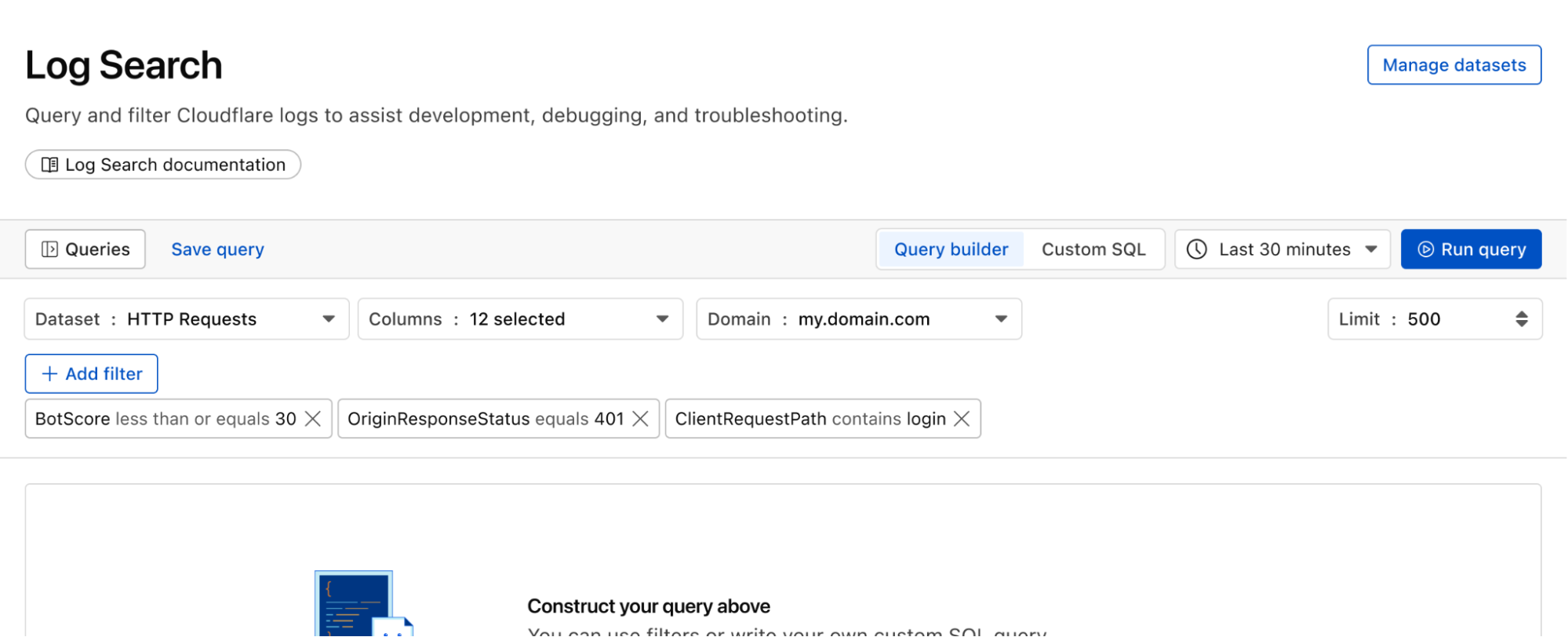 Log search with filters generates a SQL query executed by the system.