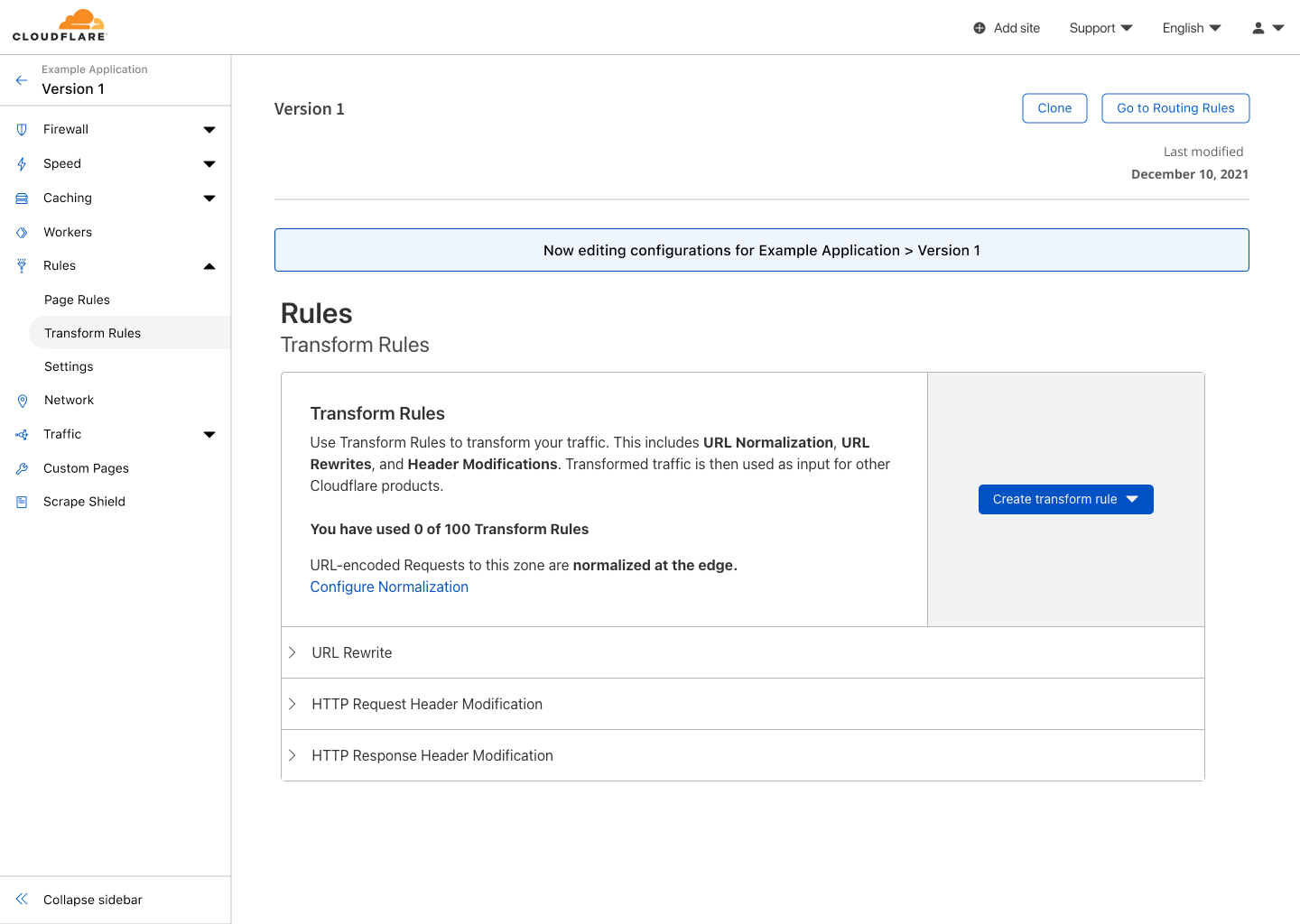 Transform rules of Version 1 showing no rules have been created.