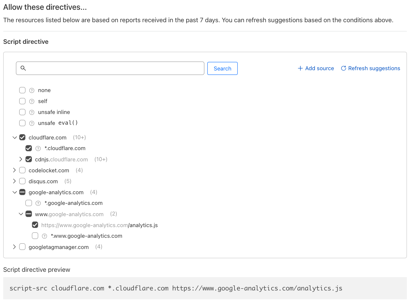 Page Shield’s policy suggestions interface