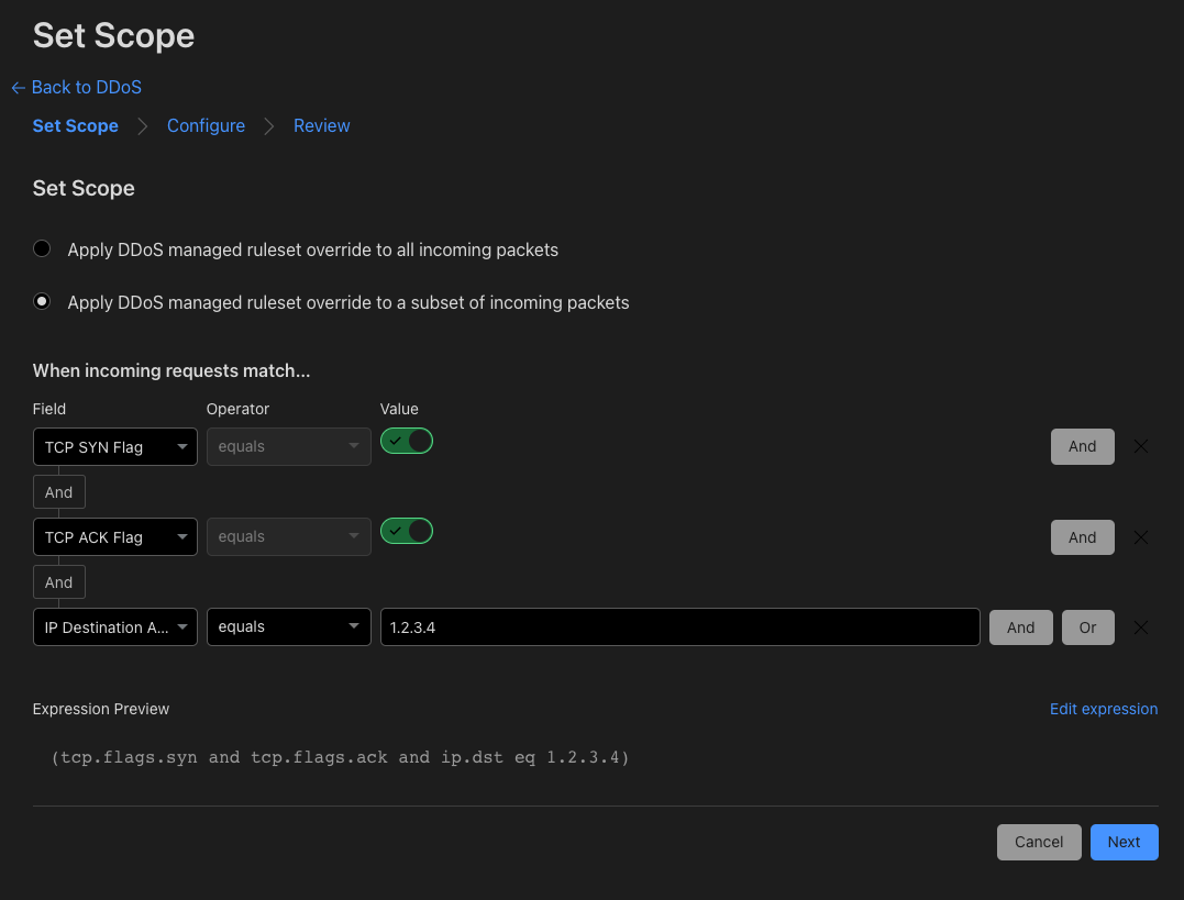 Configuring expression fields for the DDoS Managed Rules to match on