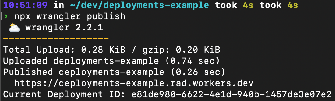 wrangler publish will now output the current deployment identifier
