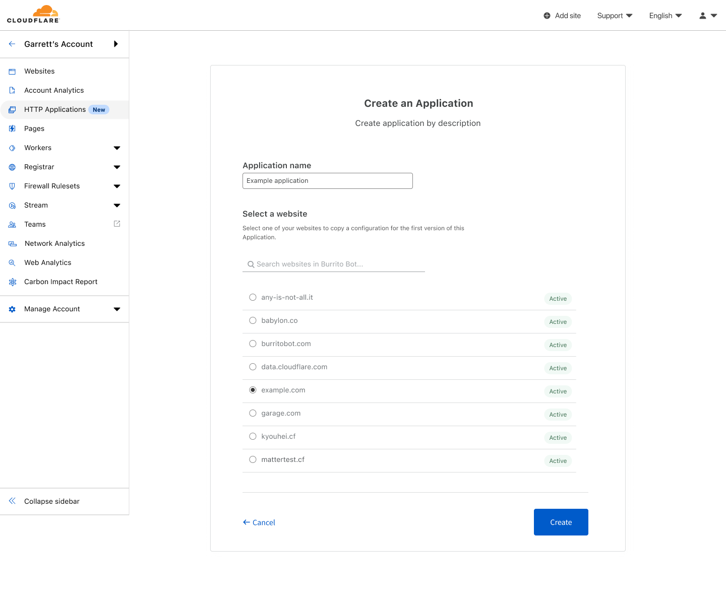 The “Create an Application” screen showing that an HTTP Application will be created named “Example Application” and initialized from example.com.