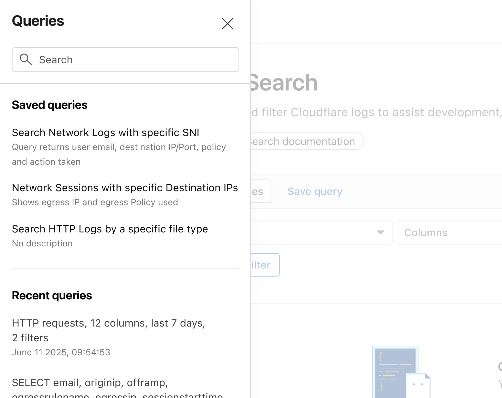 Log Search Saved Queries side panel showing saved and recent queries.