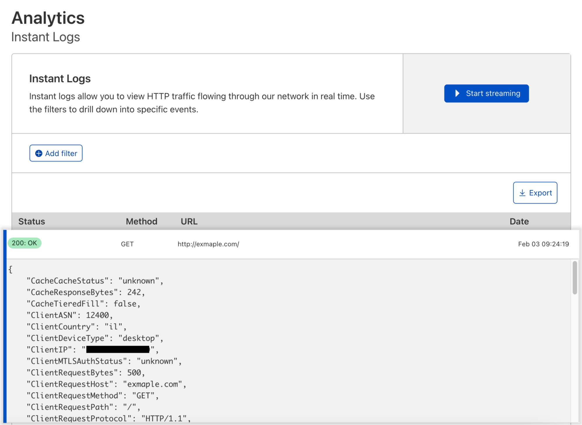 Screenshot showing the Instant Logs dashboard with an expanded row showing details about a request