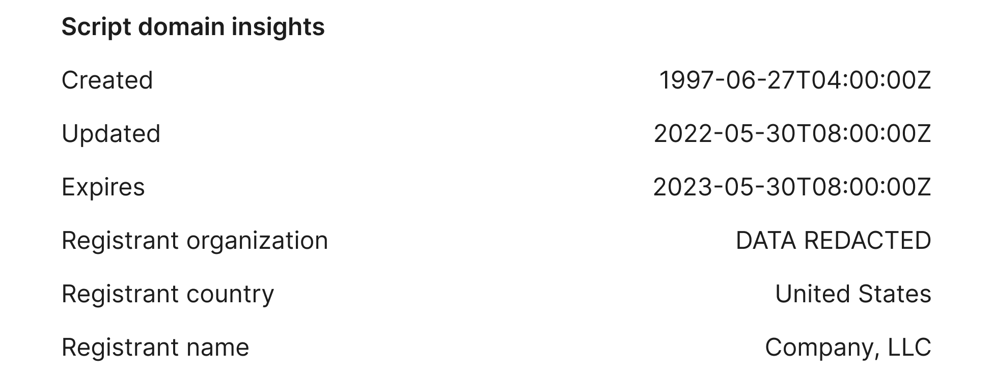 email alert showing WhoIs information of the domain the script was delivered from.